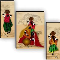 SAF Set of 3 Rajasthani Village Ladies Modren Art UV Textured Paintings for living room with frame 12 Inch X 18 Inch