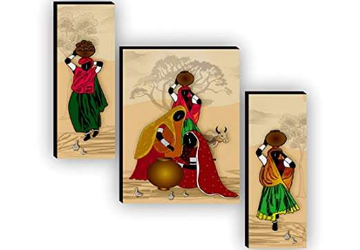 SAF Set of 3 Rajasthani Village Ladies Modren Art UV Textured Paintings for living room with frame 12 Inch X 18 Inch