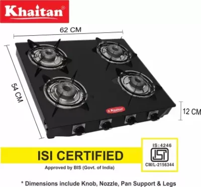 Khaitan 4 Burner Active Forge Black Toughened Glass Manual Gas Stove (4 Burners)