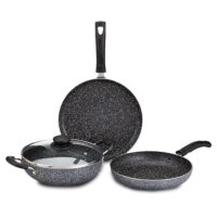 Amazon Brand - Solimo Aluminium 4 Piece Non-Stick Cookware Set | Granite Finish | Induction Base | Pfoa Free | HTR Exterior Coating | 25Cm Tawa, 22 Cm Kadai, 22Cm Fry Pan, 1 Glass Lid |